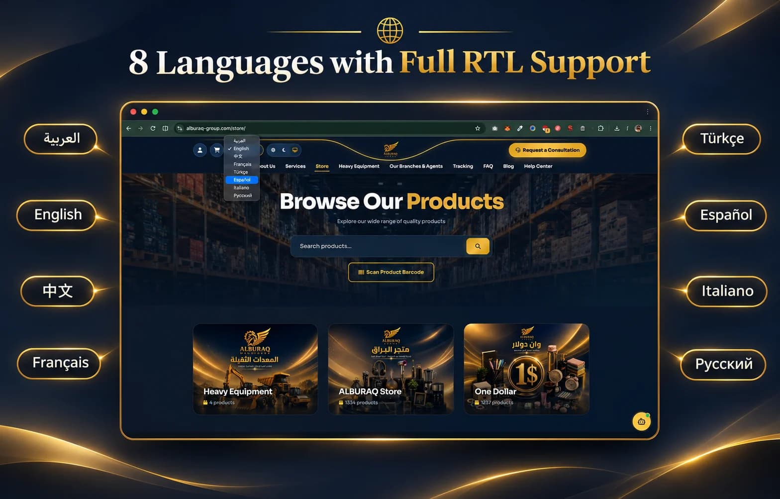 Switching between 8 languages with full RTL support