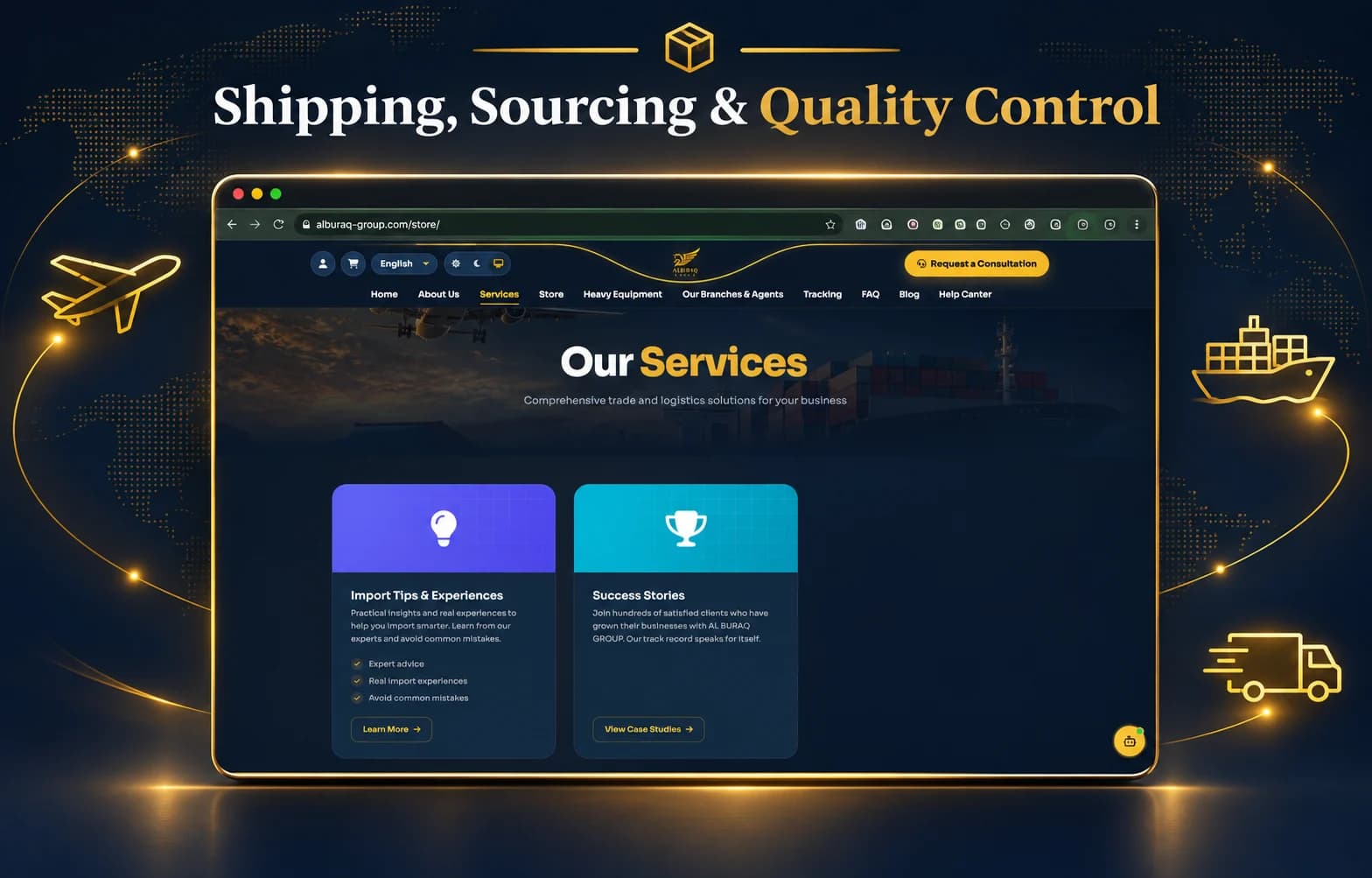 Air, sea and land shipping, sourcing and quality control services