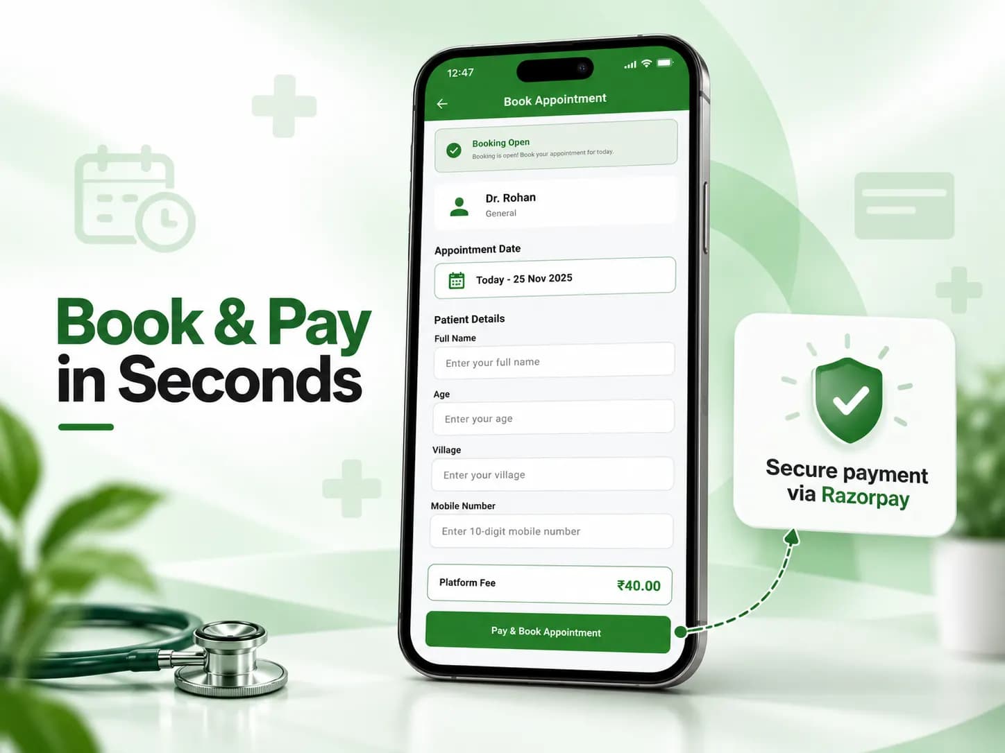 Booking status, date selection and patient details with ₹40 platform fee