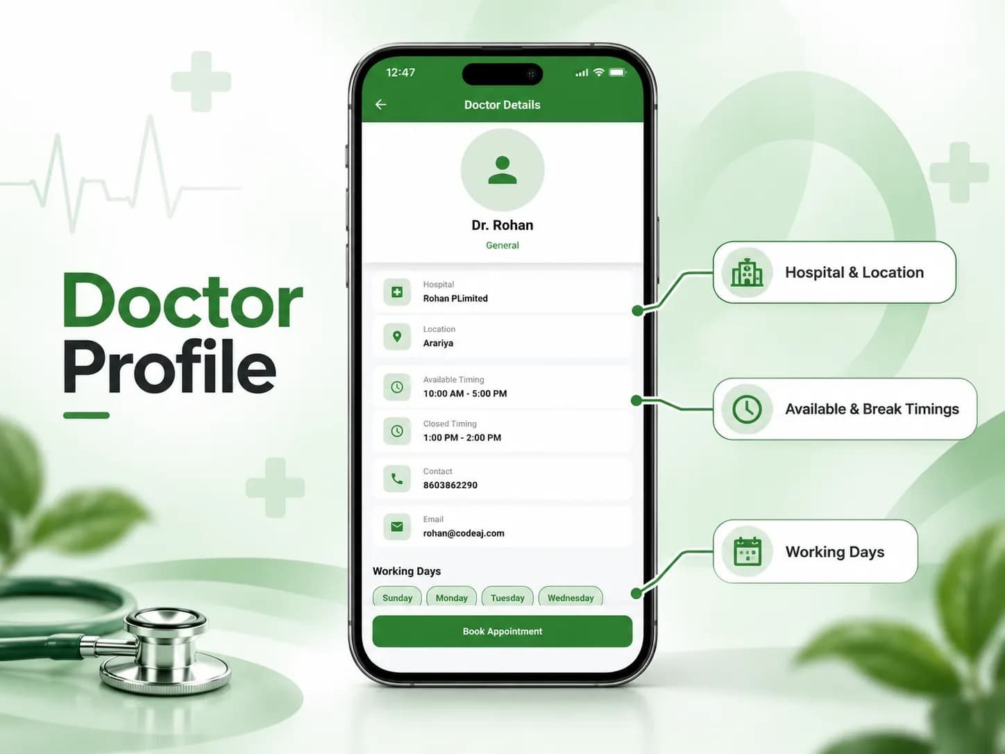Doctor profile showing hospital, location, timings, break hours and working days